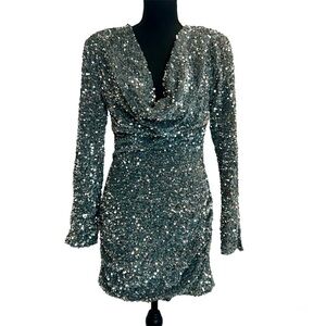 4th & Reckless gray silver sequin cowl neck long sleeve mini dress NWT